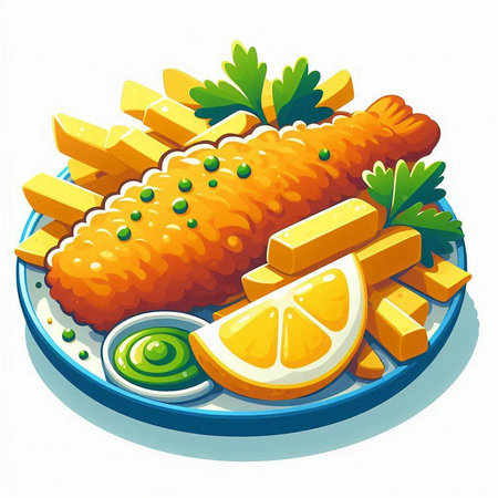 Fish and chips with lemon and parsley on a plate. Vector illustration.のイラスト素材