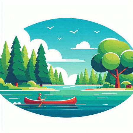 Vector illustration of a lake and a man in a boat on a sunny dayのイラスト素材