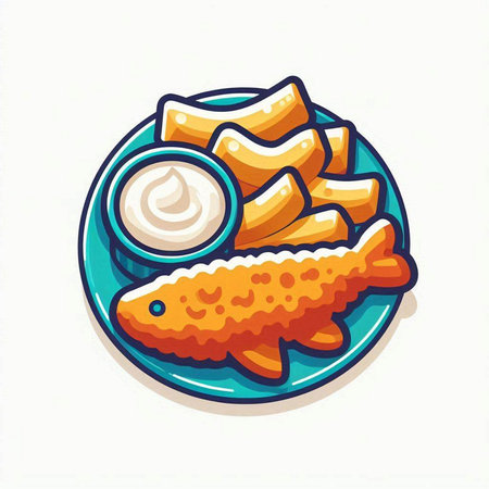 Illustration of fish and chips with mayonnaise on a plateのイラスト素材
