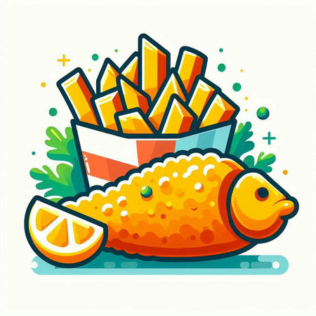 Fried fish, chips and lemon. Vector illustration in flat style.のイラスト素材