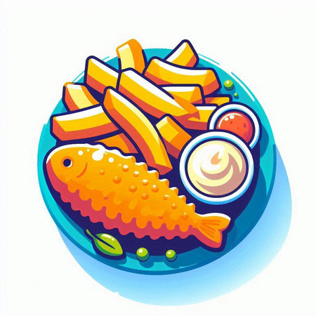 Fish, chips and mayonnaise on a plate. Vector illustrationのイラスト素材