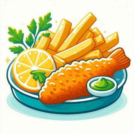 Fried fish with lemon and parsley on a plate. Vector illustration.のイラスト素材