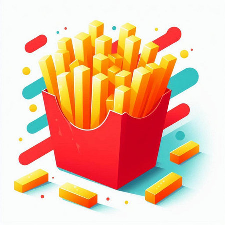 French fries in a red box on a white background. Vector illustration.のイラスト素材