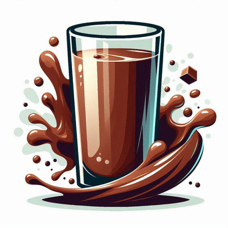 Glass of chocolate milk with splashes and chocolate cubes. Vector illustration.のイラスト素材