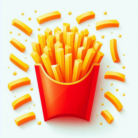 French fries in a red box on a white background. 3d illustrationのイラスト素材