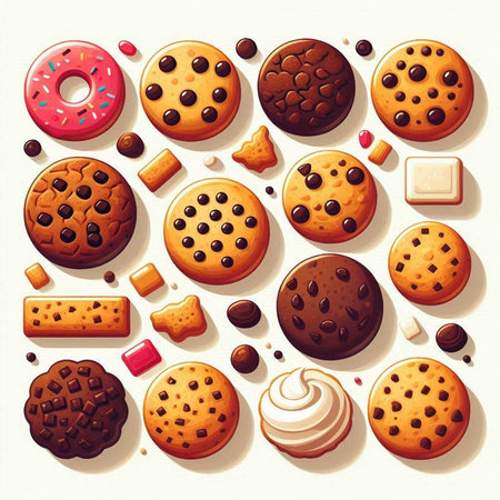 Set of cookies and chocolate chip cookies. Vector illustration. Vintage style.のイラスト素材