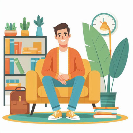 Young man sitting in armchair at home, flat vector illustration.のイラスト素材