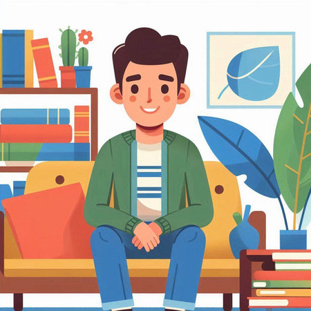 Young man sitting on the sofa at home. Vector illustration in cartoon style.のイラスト素材