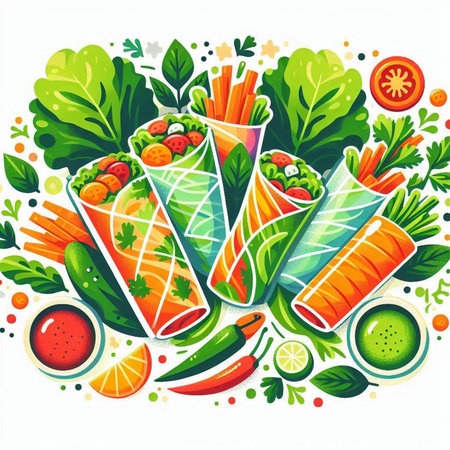 Vector illustration of a set of colorful rolls with vegetables and greens on a white backgroundのイラスト素材