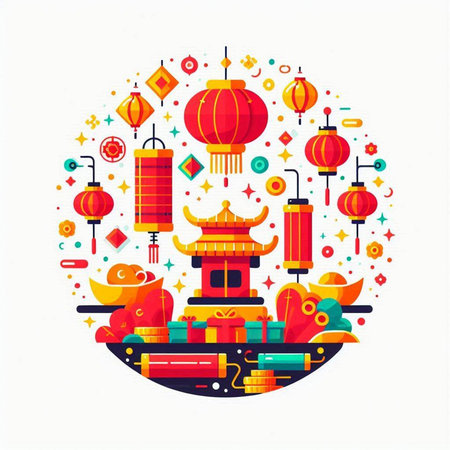Chinese new year greeting card with lanterns and lanterns. Vector illustrationのイラスト素材