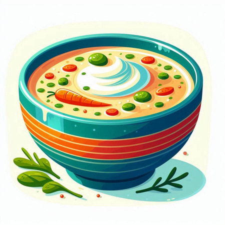 Illustration of a bowl of vegetable soup with sour cream and green peasのイラスト素材