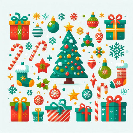 Christmas tree, gifts and decorations. Vector illustration in flat style.のイラスト素材
