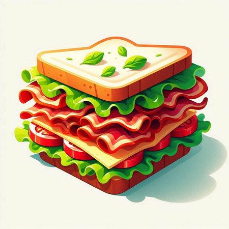 Sandwich with ham, cheese, tomato and lettuce. Vector illustration.のイラスト素材