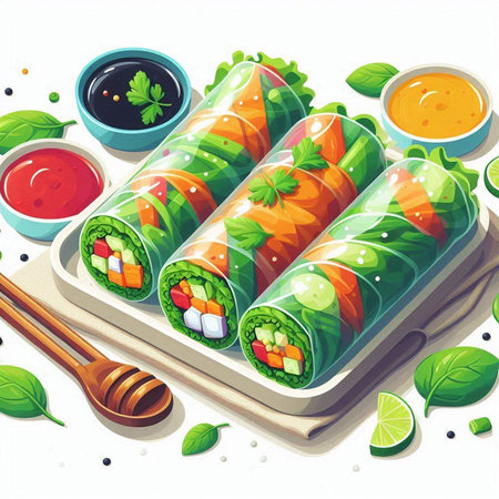 Illustration of a set of rolls with salmon, vegetables, cheese and sauceのイラスト素材