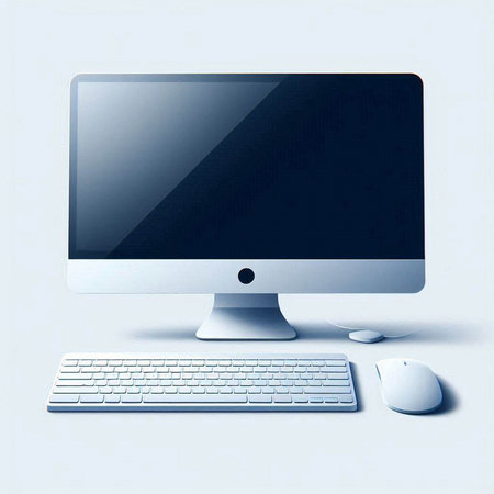 Computer monitor with keyboard and mouse on white background. 3d illustrationのイラスト素材