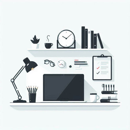 Workplace with laptop, coffee cup and office supplies. Vector illustrationのイラスト素材