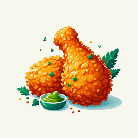 Illustration of fried chicken drumsticks with mustard and parsley.のイラスト素材