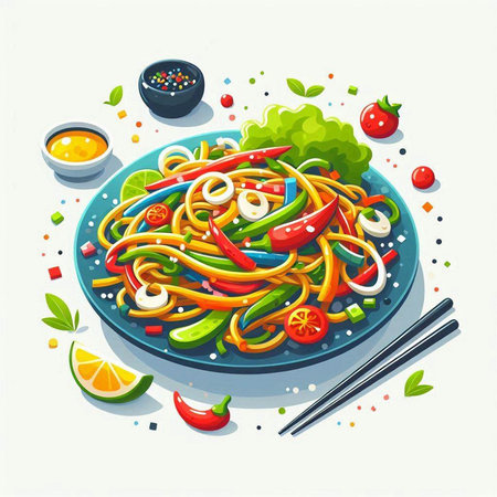 Spaghetti with vegetables and sauce. Asian cuisine. Vector illustration.のイラスト素材
