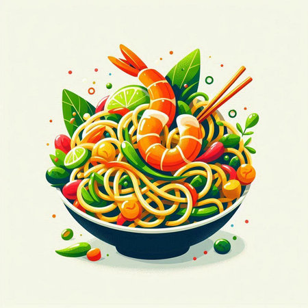 Noodles with shrimps and vegetables in a bowl. Vector illustration.のイラスト素材