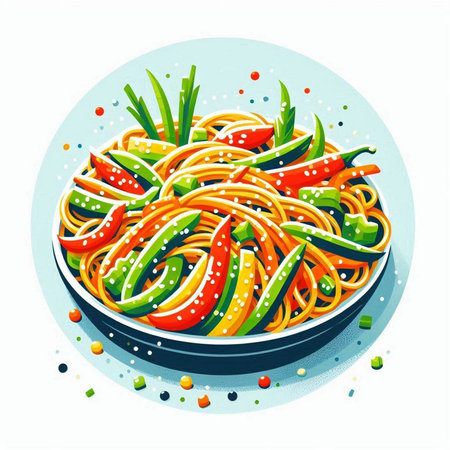 Spaghetti with paprika, green onion, tomato and sesame seeds. Vector illustration.のイラスト素材