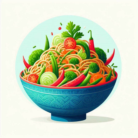 Noodles with vegetables in a bowl. Vector illustration. Vintage style.のイラスト素材