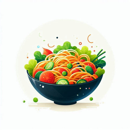 Illustration of fresh spaghetti with vegetables and greens in a bowl.のイラスト素材