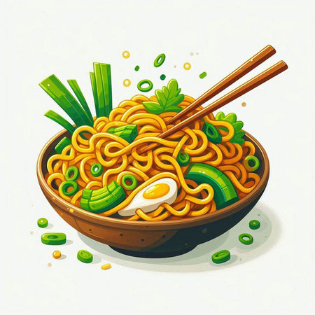 Vector illustration of Asian noodle in a bowl with chopsticks.のイラスト素材