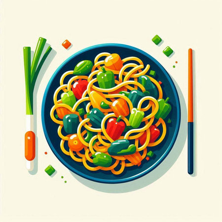 Illustration of a bowl of spaghetti with vegetables and chopsticks.のイラスト素材