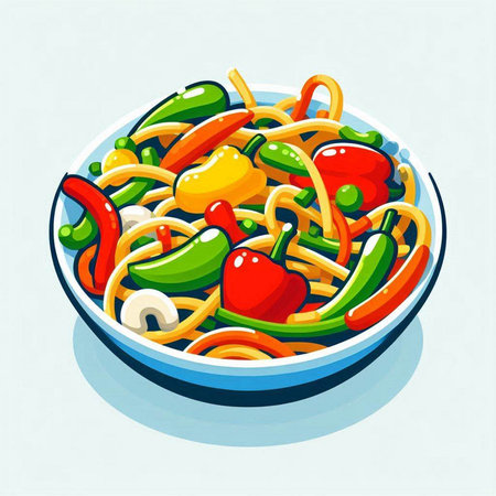 Illustration of a bowl of noodles with vegetables on a light backgroundのイラスト素材