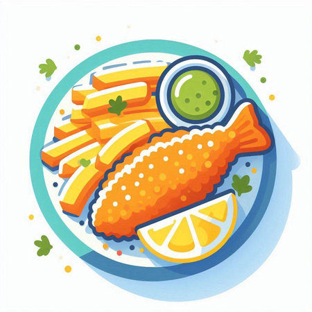 Fish and chips on a plate with green sauce. Vector illustration.のイラスト素材