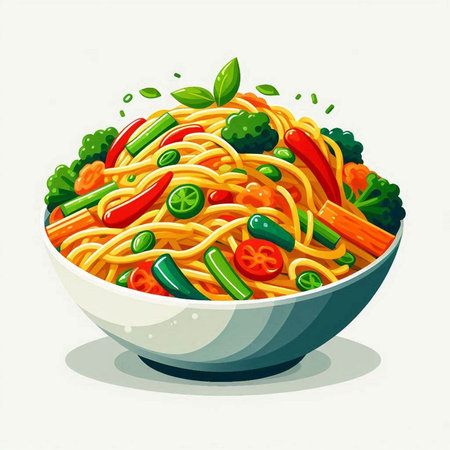 Illustration of a bowl of spaghetti with vegetables. Vector illustration.のイラスト素材