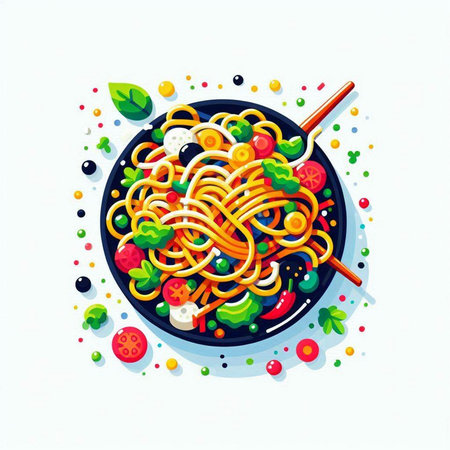 Spaghetti pasta with tomato, cheese, olives and basil. Vector illustration.のイラスト素材