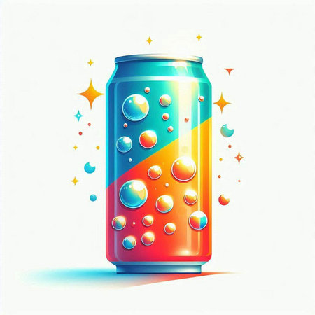 Colorful soda can with water drops on white background. Vector illustration.のイラスト素材