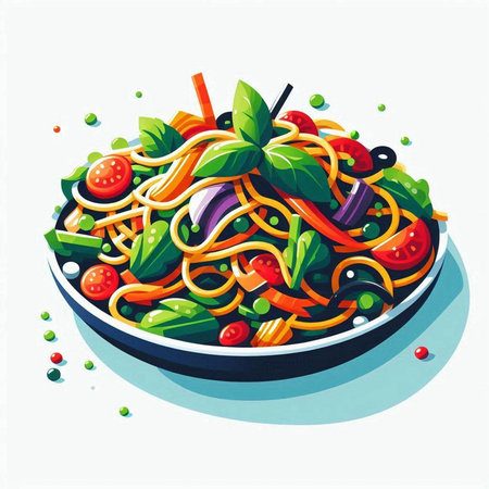 Spaghetti with tomato, basil and pepper. Vector illustration on white background.のイラスト素材