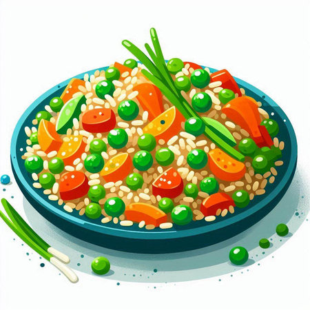 Vector illustration of a bowl of rice with vegetables on a white backgroundのイラスト素材