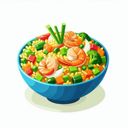 Salad with shrimp and vegetables in a blue bowl. Vector illustration.のイラスト素材