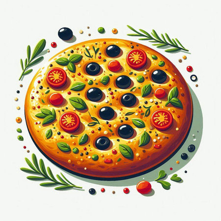 Pizza with olives, tomatoes and herbs. Vector illustration.のイラスト素材