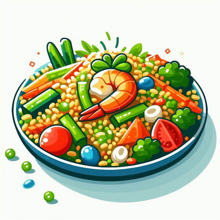 Vegetable salad with shrimps and vegetables in a plate. Vector illustration.のイラスト素材