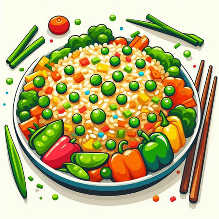 Illustration of a bowl of rice with vegetables and chopsticks.のイラスト素材
