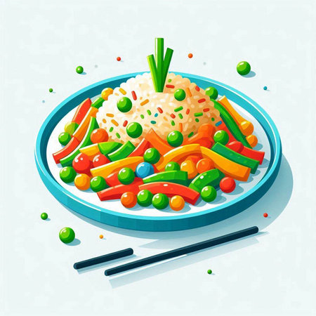 Illustration of a bowl of rice with vegetables and chopsticks.のイラスト素材