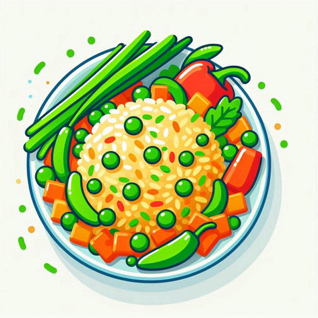 Illustration of a bowl of rice with green peas, carrots, peppers and onionsのイラスト素材