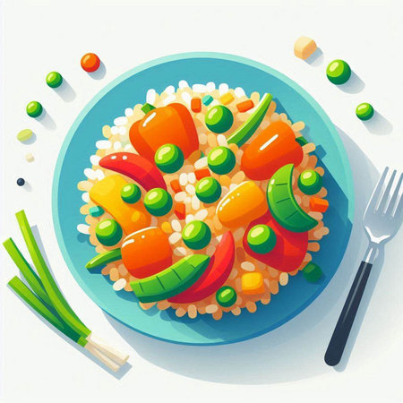 Vegetable salad with bell pepper, green peas, onion and carrots.のイラスト素材