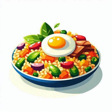 Illustration of a bowl of bulgur with fried egg and vegetablesのイラスト素材