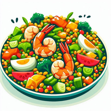 Salad with shrimps, vegetables and eggs. Vector illustration.のイラスト素材