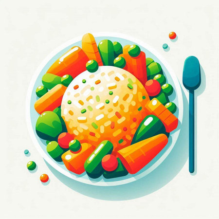 Fried rice with vegetables in a plate. Vector illustration in flat style.のイラスト素材