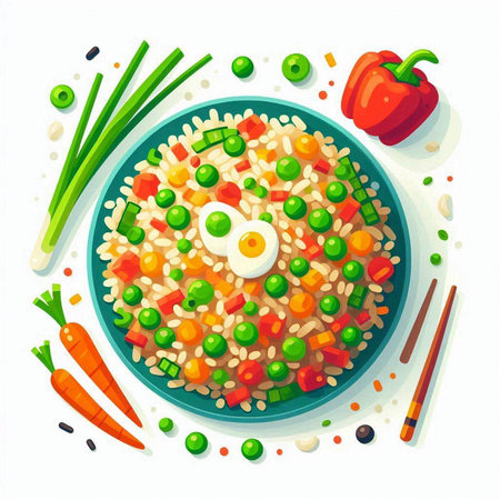 Rice with vegetables and egg in a bowl. Vector illustration.のイラスト素材