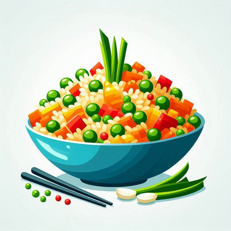 Vegetable salad in a blue bowl with chopsticks. Vector illustration.のイラスト素材