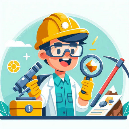 Vector cartoon illustration of scientist working with microscope, magnifying glass, geology equipment.のイラスト素材