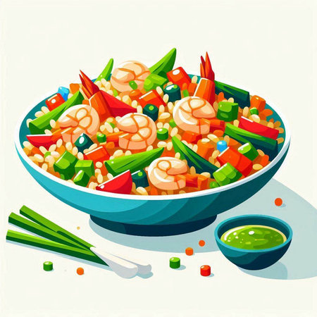Vector illustration of a bowl of shrimp and prawns with vegetablesのイラスト素材