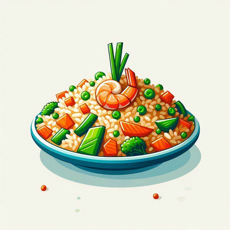Illustration of a bowl of rice with shrimp, vegetables and greensのイラスト素材